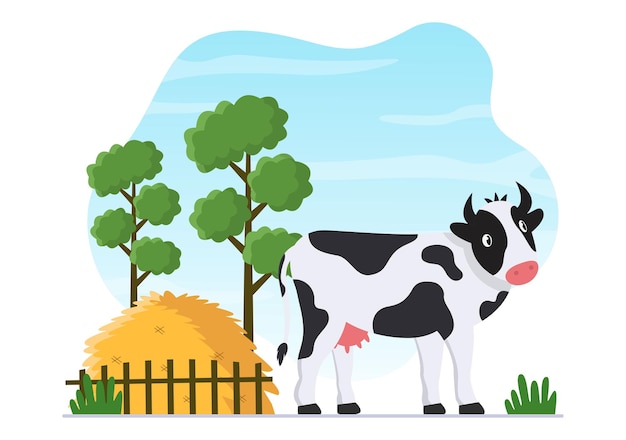 Vector dairy cows pictures with a view of meadow or a farm in the countryside to eat grass in illustration