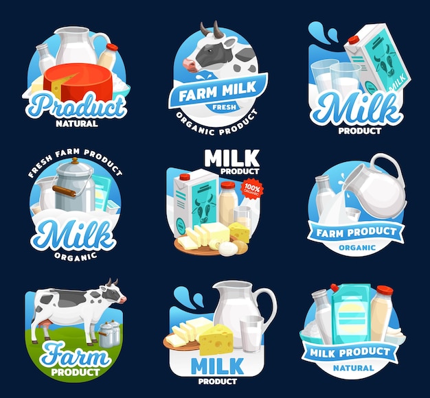 Vector dairy food icons milk cream cheese and butter