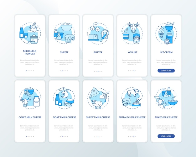 Dairy industry blue onboarding mobile app page screen with concepts set