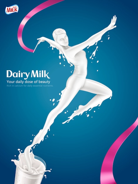 Dairy milk ads, elegant woman doing rhythmic gymnastics and jumping out of glass of milk in  illustration, blue background