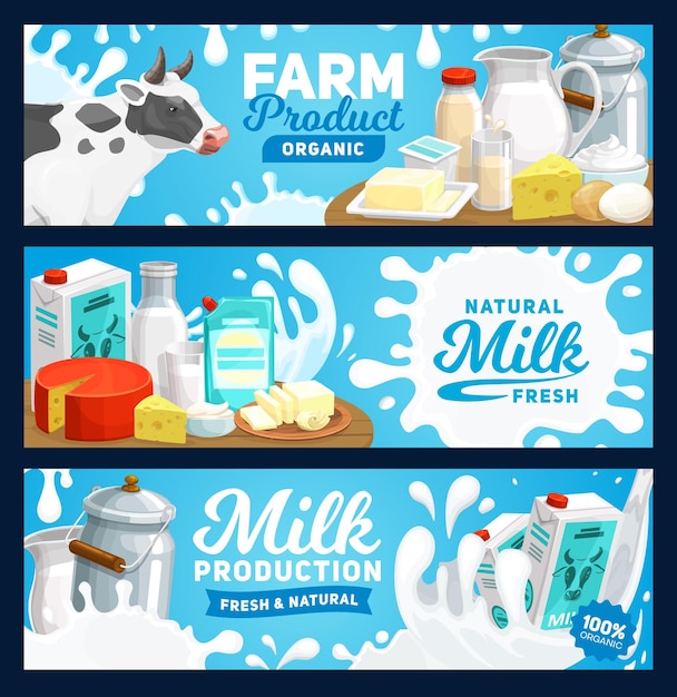 Vector dairy milk product banners farm food cheese