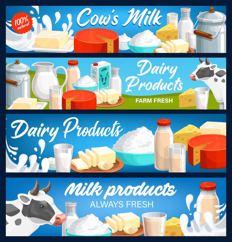 Вектор молочные продукты баннеры фермерское сырное масло