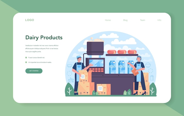 Dairy production industry web banner or landing page. dairy natural product for breakfast. cow milking, dairy pasteurization, fermentation and milk, cheese, butter making. flat vector illustration