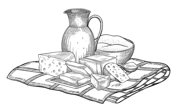 Vector dairy products on checkered tablecloth vector illustration linear drawing of cheese wheel butter and