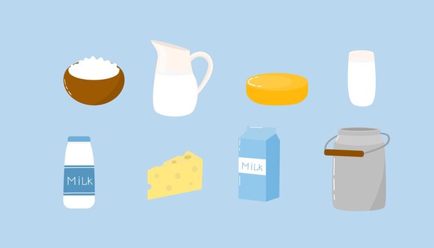 Vector dairy products collection in flat style illustration of cottage cheese milk cheese