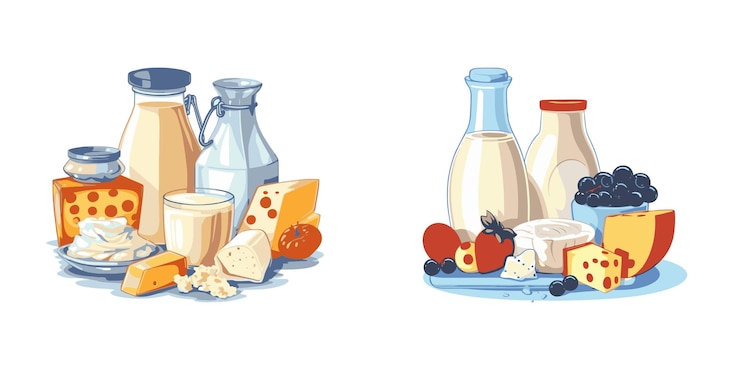Вектор молочные продукты молочный сыр фрукты и ягоды векторная иллюстрация
