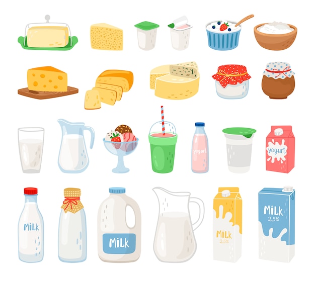 Vector dairy products, milk, cheese yoghurt and ice cream