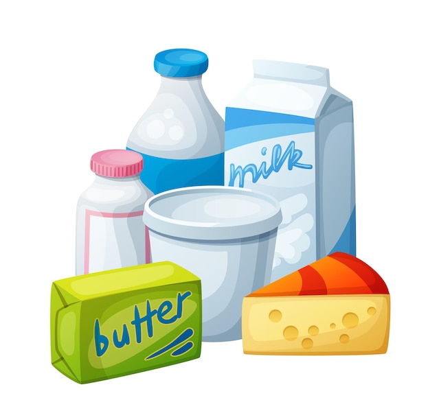 Молочные продукты, молочные продукты. Мультфильм векторные иллюстрации, изолированные на белом фоне