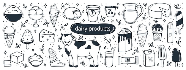Молочные продукты в стиле рисованной каракули