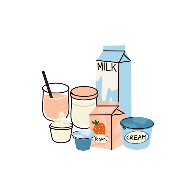 Vector dairy products set milk kefir and yogurt cardboard packaging containers glass bottle different cheese butter and cream organic farm healthy food vector cartoon flat isolated illustration