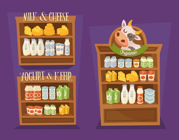 Вектор Набор молочных продуктов с полками супермаркетов