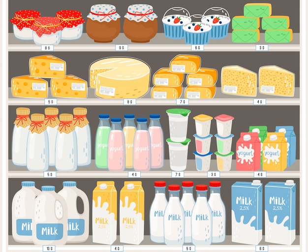 Vector dairy products in supermarket