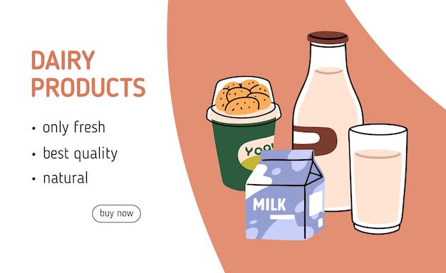 乳製品のウェブページの背景デザイン ウェブサイト オンラインショップ 市場 販売 バナー テンプレート 牛乳とヨーグルトの生産 ストア ランディング ウェブページ サイトのレイアウト フラットベクトルイラスト