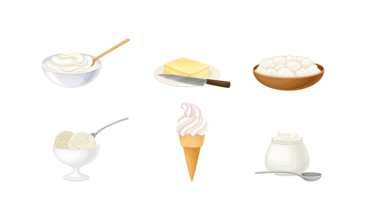 वेक्टर dairy products with sour cream in bowl butter and ice cream vector set