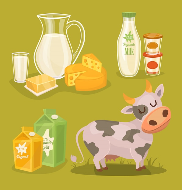 Vector dairy products on wooden table, milk, icon