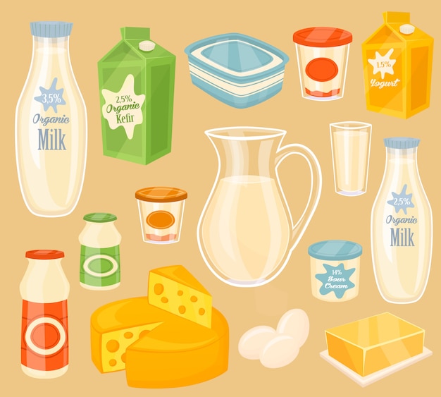 Vector dairy products on wooden table, milk, icon