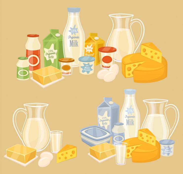 Вектор молочные продукты на деревянный стол, молоко, значок