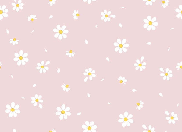 Daisies and petals on a pink background seamless pattern. Chamomile flowers.