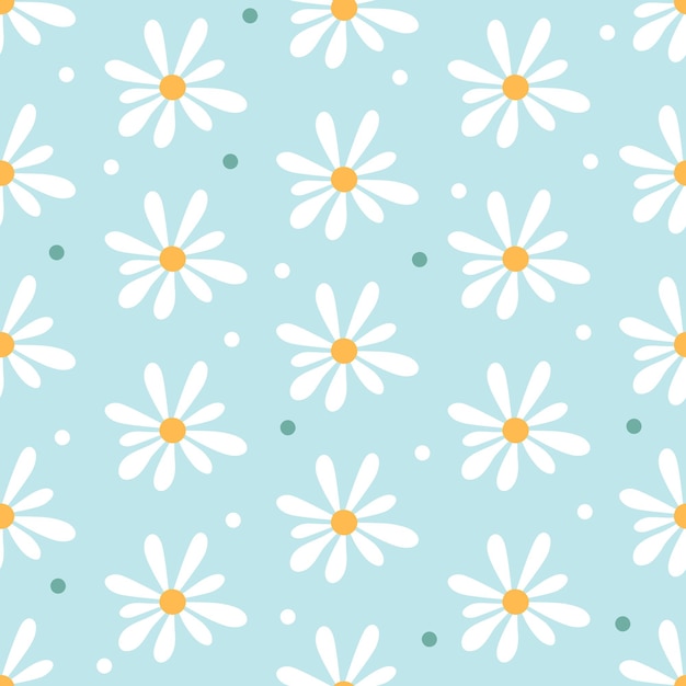 Daisies and polka dots on a blue background seamless pattern chamomile flowers flight