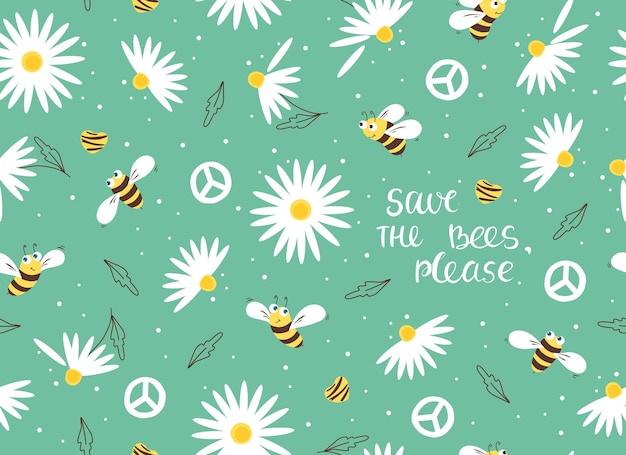 Vector daisy and bee seamless pattern flowers and cartoon bees hearts on a green background