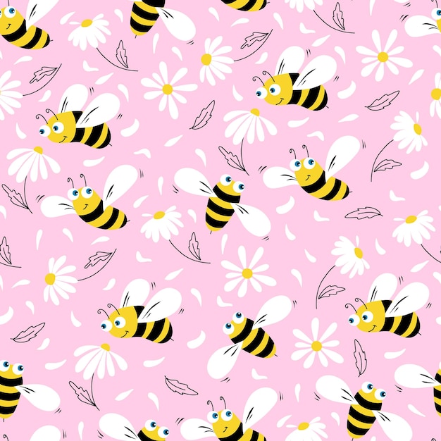 Vector daisy and bees seamless pattern flowers petals and cartoon bees on a pink background