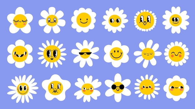 Daisy bloemen met grappige lachende gezichten kamille stripfiguren Cute kamille gelukkig emotie Kids logo ontwerp met madeliefjes vector set