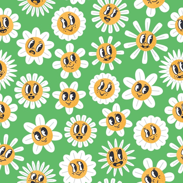 Daisy bloemen naadloos patroon Retro kamille cartoon stripboeken mascottes met ogen en monden Daisy bloemen met grappige gezichten platte achtergrond vectorillustratie