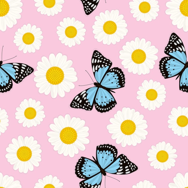 デイジーと蝶のカラフルな夏のシームレスなパターン
