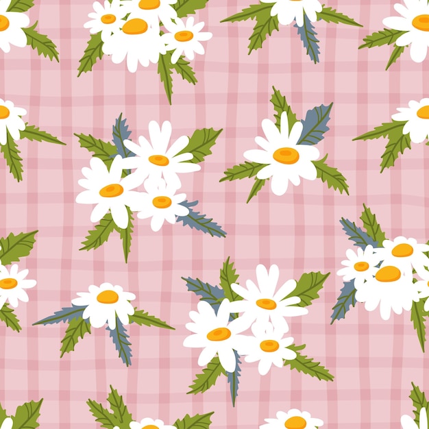 Vector daisy chamomile check vector seamless pattern pretty floral summer background in small flowers