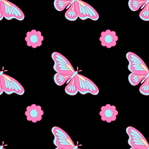 Daisy flower and butterfly in y2k style. vector seamless pattern in pink and blue colors