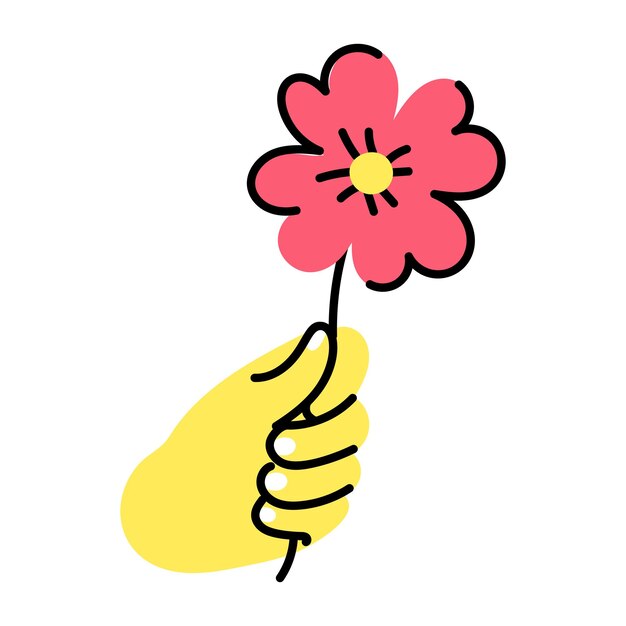 A daisy flower in a hand, doodle icon