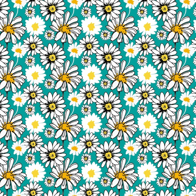 Daisy flower seamless pattern background hand drawn style