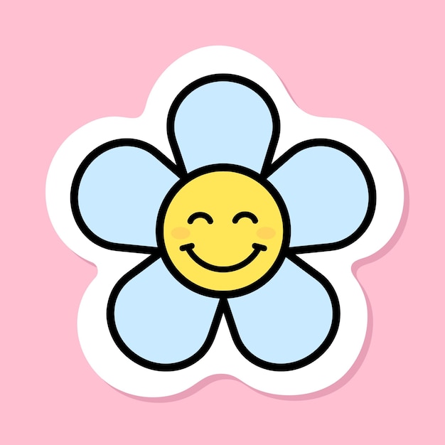 Vector daisy flower with smiling eyes emoji sticker cartoon flower with closed eyes black outline cute sticker on pink background groovy aesthetic vector design element