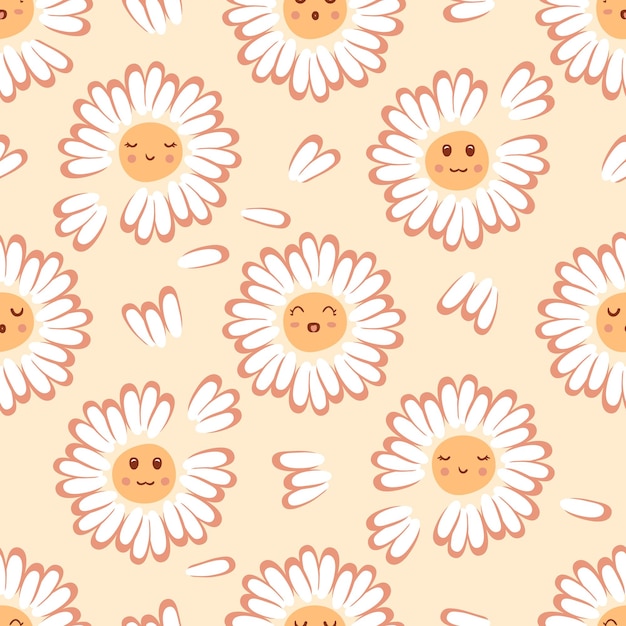 Daisy flowers childish seamless pattern with cartoon cute faces Floral characters print with emotions Kids vector illustration for decor and design