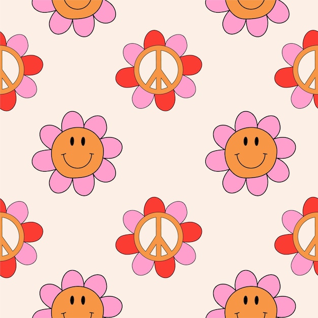 Vector daisy flowers groovy pattern. retro floral hippie background with flowers and peace symbols