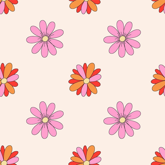 Daisy flowers groovy pattern. Retro flower seamless pattern. Floral hippie background with flowers