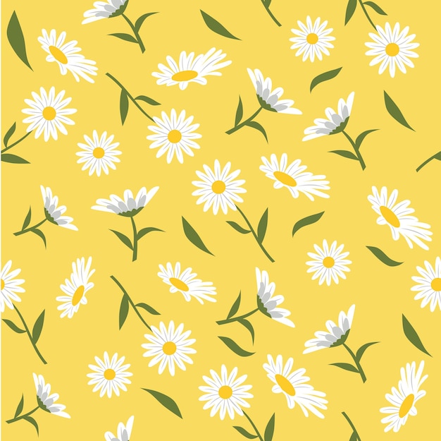 ベクトル 黄色の背景のベクトル図にデイジーの花のシームレスなパターン
