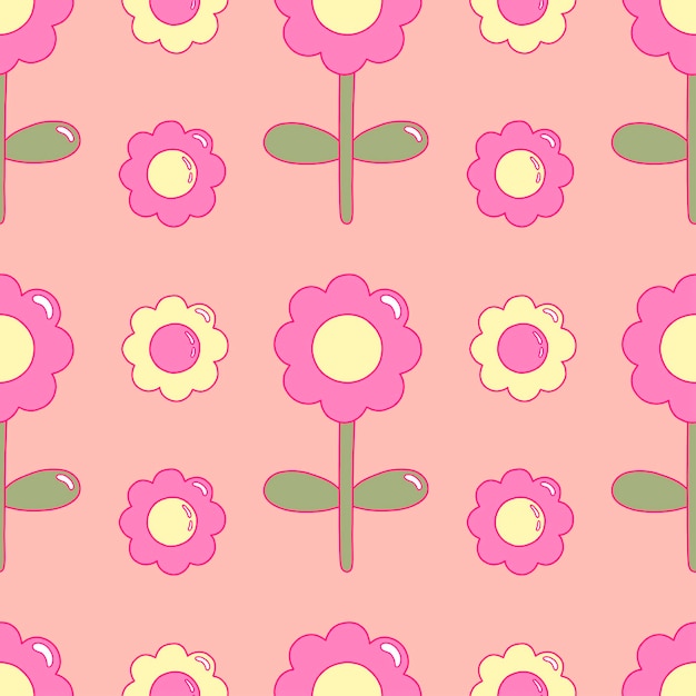 Daisy flowers. Vector seamless pattern in flat style for groovy background, wallpaper fabric textile