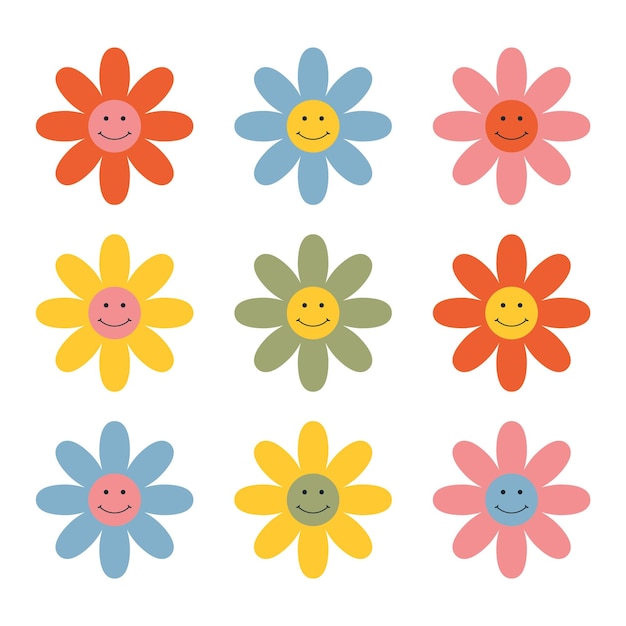 daisy flowers with cartoon funny emoticons faces set Chamomile characters happy emotion