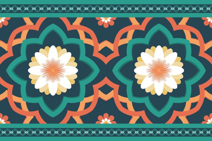 Vector daisy on green orange moroccan ethnic geometric floral tile art oriental seamless traditional pattern. design for background, carpet, wallpaper backdrop, clothing, wrapping, batik, fabric. vector.