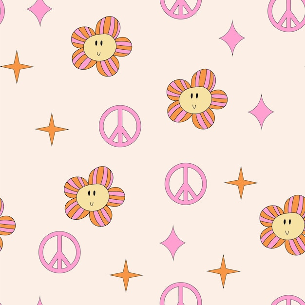 Daisy and peace symbol seamless pattern groovy hippie flower pattern