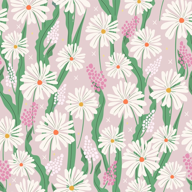 Daisy seamless pattern with hand painted flowers Floral hand drawn vector background