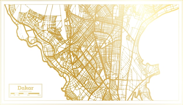 Mappa della città di dakar in senegal in stile retrò con mappa di contorno a colori dorati