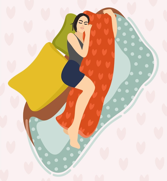 Vector dakimakura sleeping woman hugging pillow comfortable sleep concept vector illustration