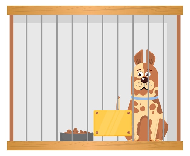 Dakloze dierenopvangkooi met trieste tekenfilmhond