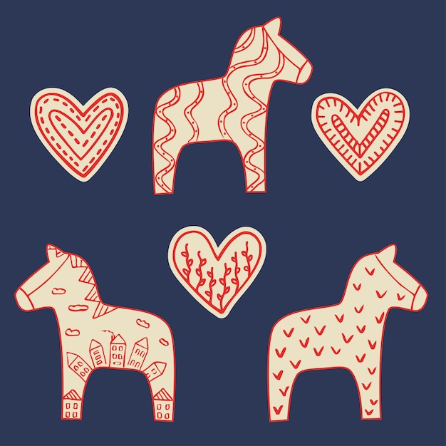 Dala horses and hearts set Hand drawn sketch traditional Swedish Dalarna horse scandinavian pattern