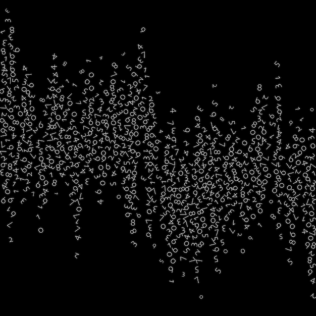 Dalende getallen, big data-concept. Binaire witte wanordelijke vliegende cijfers. Gevoelige futuristische banner op zwarte achtergrond. Digitale vectorillustratie met dalende nummers.