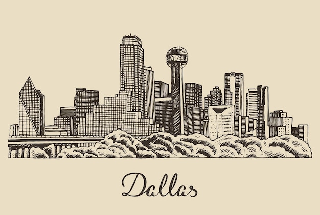 Skyline di dallas, architettura della grande città, illustrazione vettoriale vintage incisa