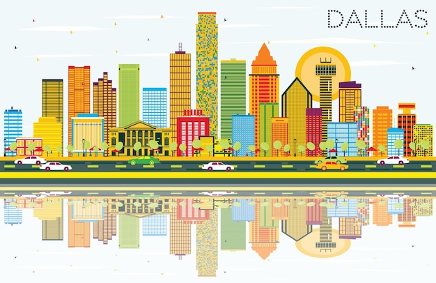 Vector dallas skyline with color buildings, blue sky and reflections. vector illustration. business travel and tourism concept with modern buildings. image for presentation banner placard and web site.