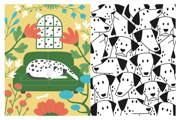 Vector a dalmatian lying on a sofa in a room full of flowers there are many dalmatians gathered together